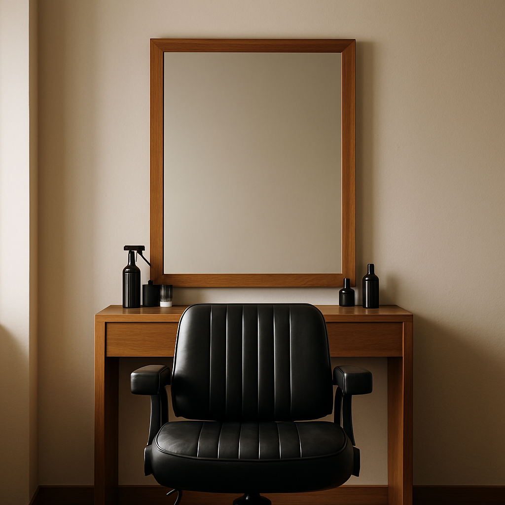 Modern barbershop station with chair and mirror highlighting cleanliness and style