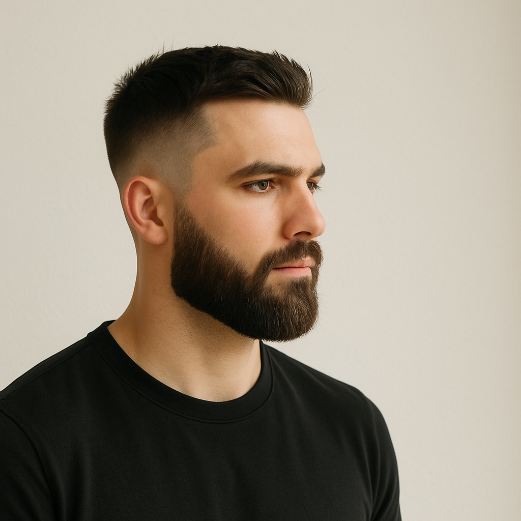 Fresh haircut and beard trim showing clean lines and finish