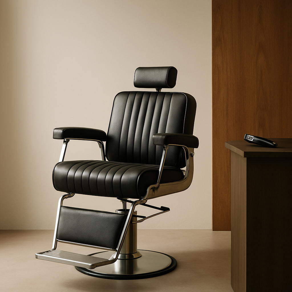 Minimal barber chair and tools in a modern studio with warm wood accents