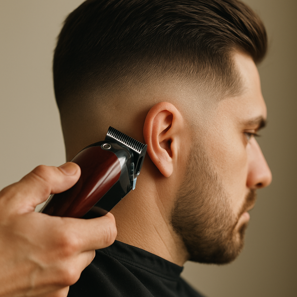 Close-up of clippers blending a skin fade haircut